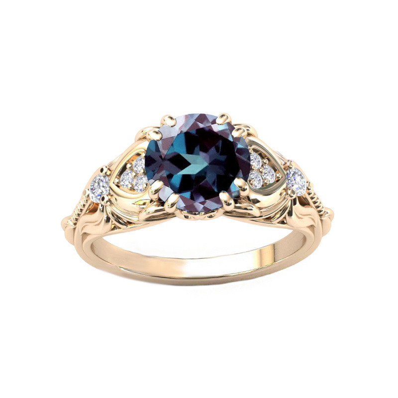 Bague de fiançailles personnalisée en or 10 carats avec alexandrite taille ronde, pierre précieuse, bague de promesse, bague d'anniversaire pour elle-1