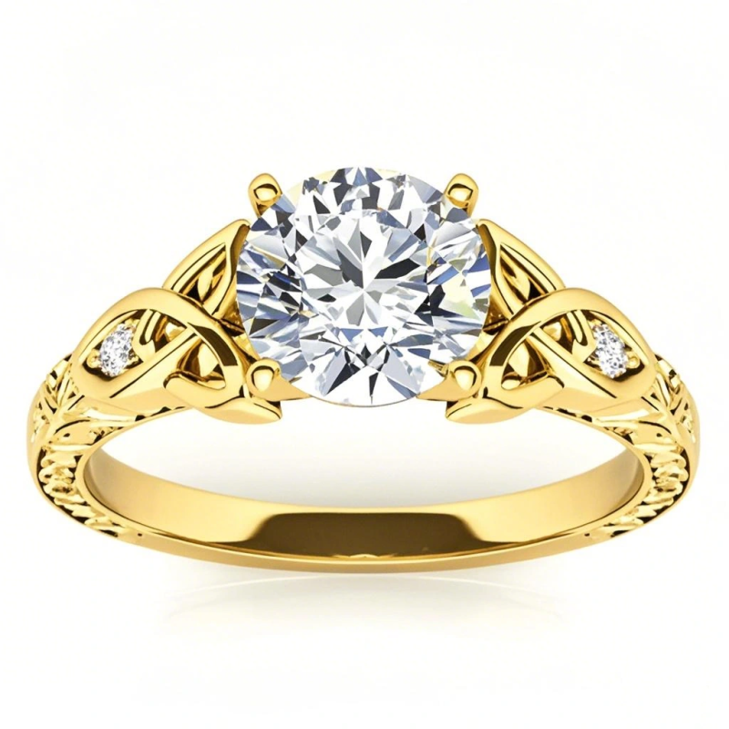 Anillo de compromiso de oro de 10 quilates con moissanita redonda y nudo celta como piedra lateral.-1