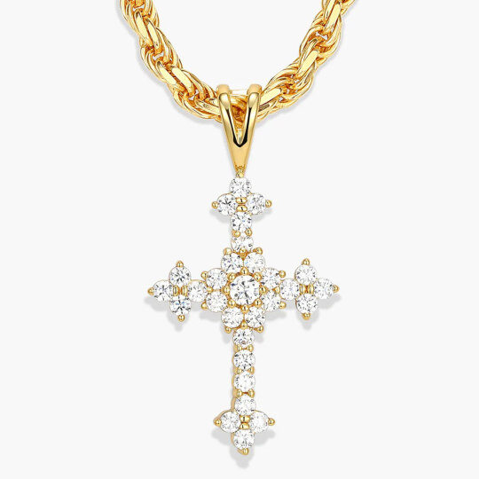 10K Gold Round Cut Cubic Zirconia Cross Pendant Necklace for Men