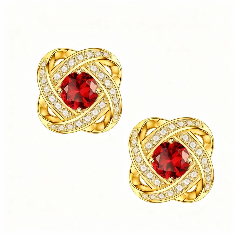 Boucles d'oreilles puces en or 10 carats avec zircon cubique rond, pierre de naissance personnalisée et nœud celtique en spirale-1