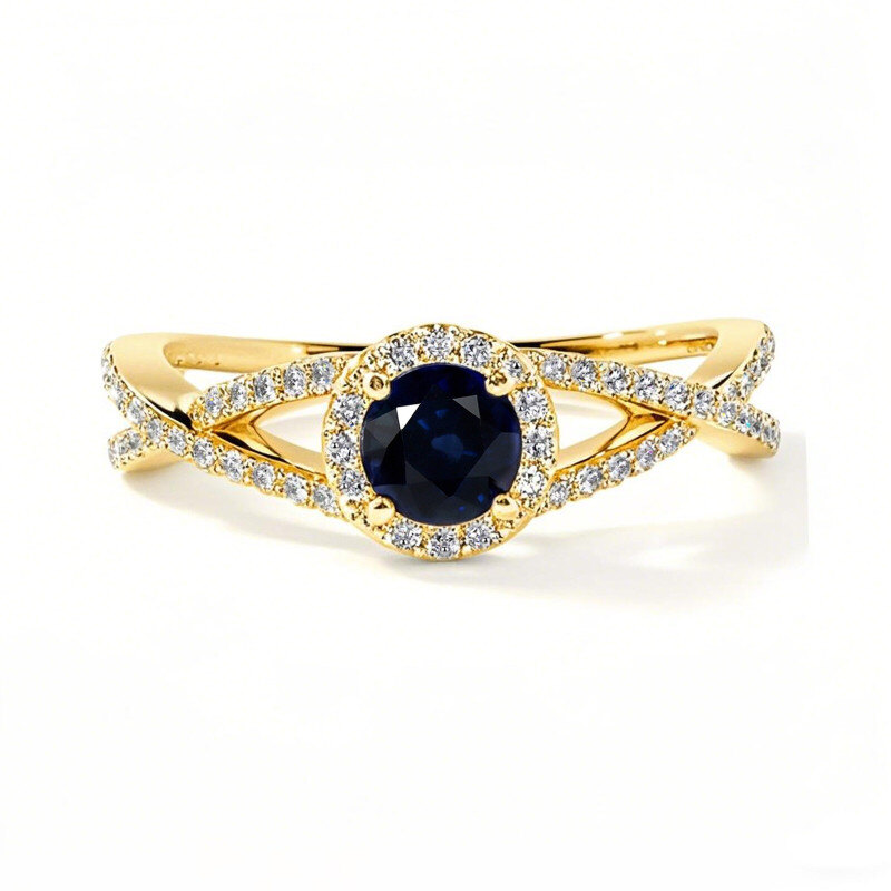 10K Gold Round Cut Sapphire Halo Engagement Ring-1