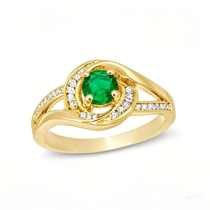 10K Gold Round Cut Emerald and 0.1 CT. T.W. Natural Diamond Swirl Frame Split Shank Engagement Band-1