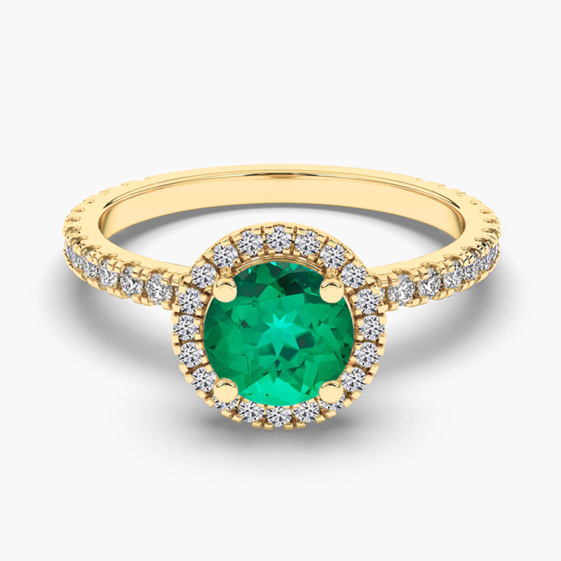 Anillo de compromiso con halo de esmeralda y diamantes de corte redondo en oro de 18 quilates-1