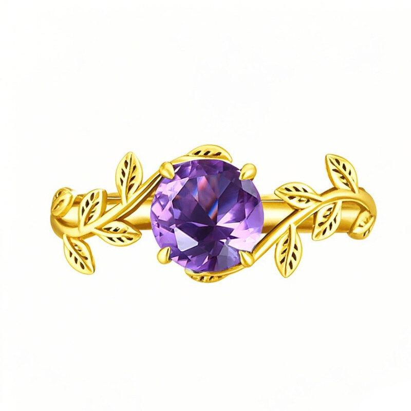 Verlobungsring aus 10-karätigem Gold mit rundem Amethyst im Efeu-Design-1