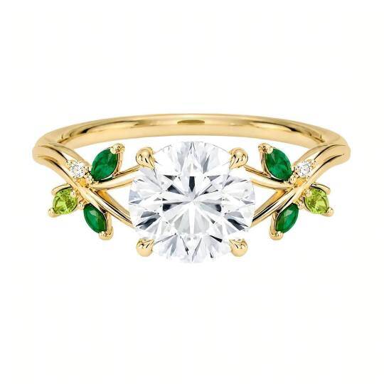 Anillo de compromiso personalizado de oro de 10 quilates con diamante cultivado en laboratorio de talla redonda e inspiración natural.