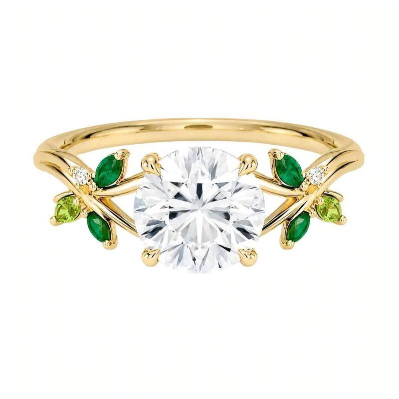 Anillo de compromiso personalizado de plata de ley con baño de oro amarillo y diamante redondo cultivado en laboratorio, de inspiración natural.-16