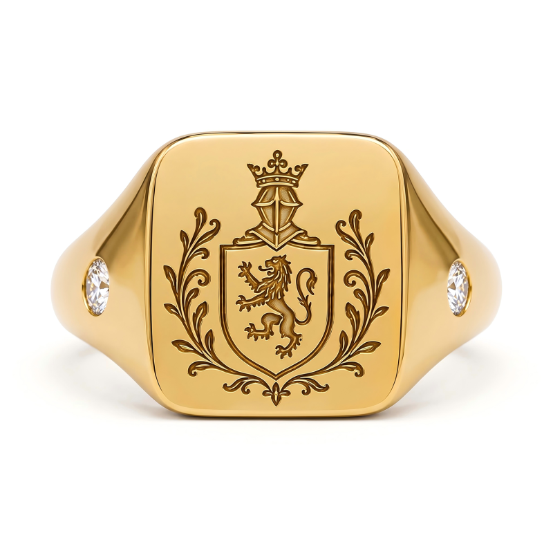 Bague chevalière pour homme en or rose 10 carats, sertie d'un diamant rond de laboratoire et gravée en profondeur avec un blason familial personnalisé.-4