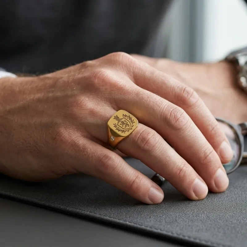 Bague chevalière pour homme en or rose 10 carats, sertie d'un diamant rond de laboratoire et gravée en profondeur avec un blason familial personnalisé.-2