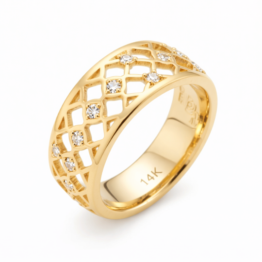 Anillo de boda personalizado con diamantes de laboratorio de corte redondo en oro de 14 quilates