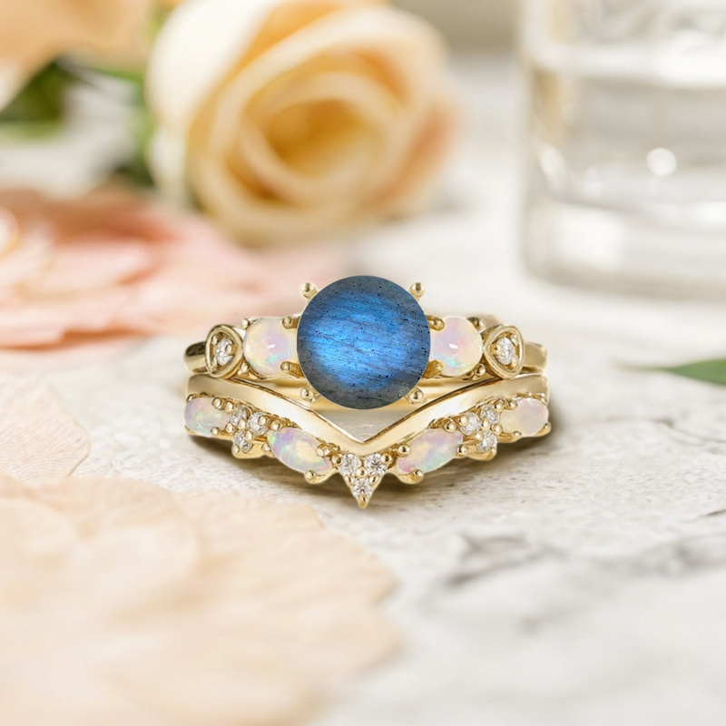 14K Gold Round Cut Labradorite & Moissanite & Opal Bridal Set-3
