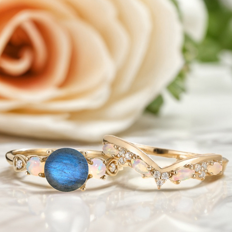 14K Gold Round Cut Labradorite & Moissanite & Opal Bridal Set-4