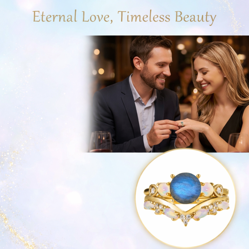 14K Gold Round Cut Labradorite & Moissanite & Opal Bridal Set-5