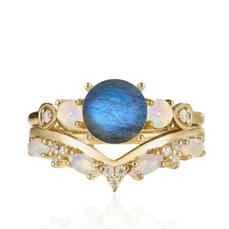 10K Gold Round Cut Labradorite & Moissanite & Opal Bridal Set-5