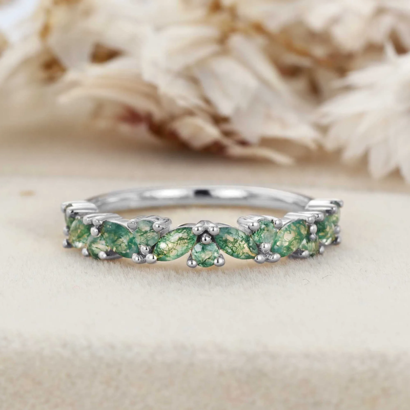 Anillo de boda de plata de ley con baño de oro amarillo y ágata musgosa de talla redonda y marquesa-7