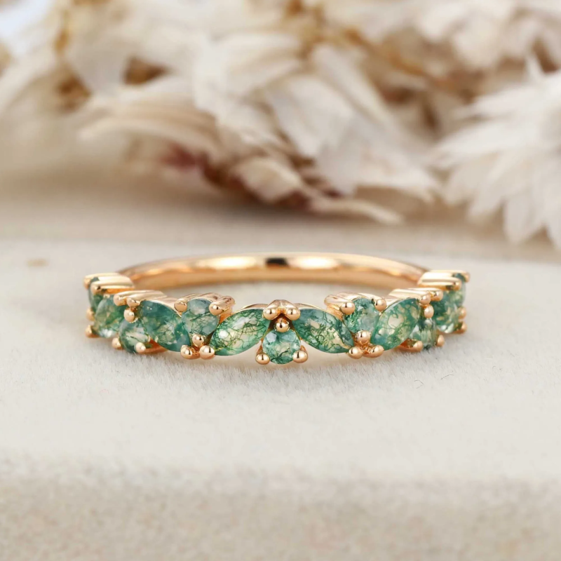 Anillo de boda de plata de ley con baño de oro amarillo y ágata musgosa de talla redonda y marquesa-8