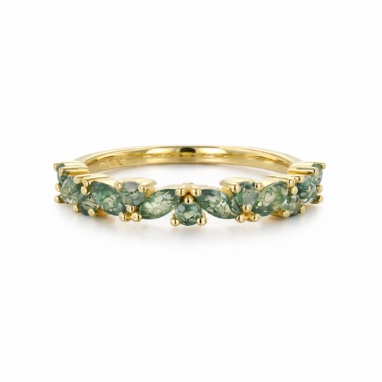 Anillo de boda de plata de ley con baño de oro amarillo y ágata musgosa de talla redonda y marquesa