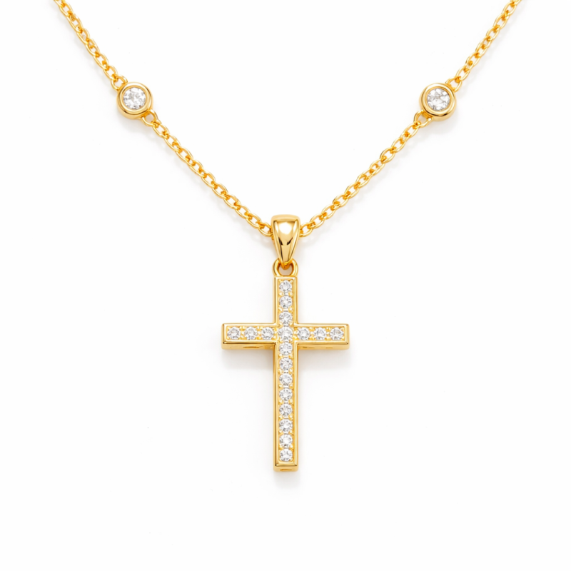 Collar colgante de oro de 14 quilates con cruz de moissanita de corte redondo-1