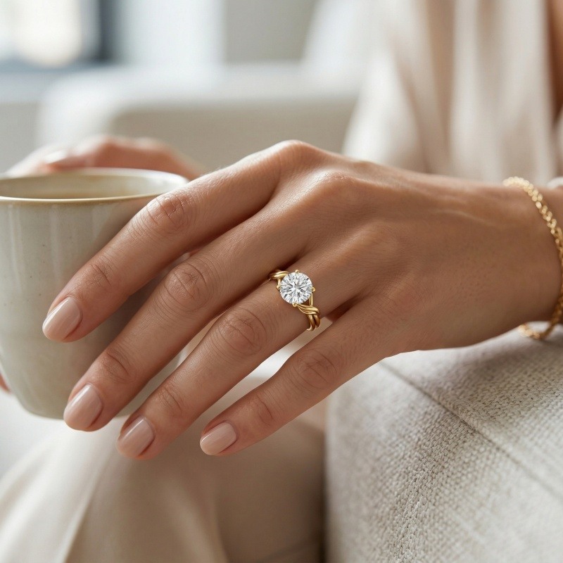 18K Gold Round Cut Moissanite Engagement Ring-2