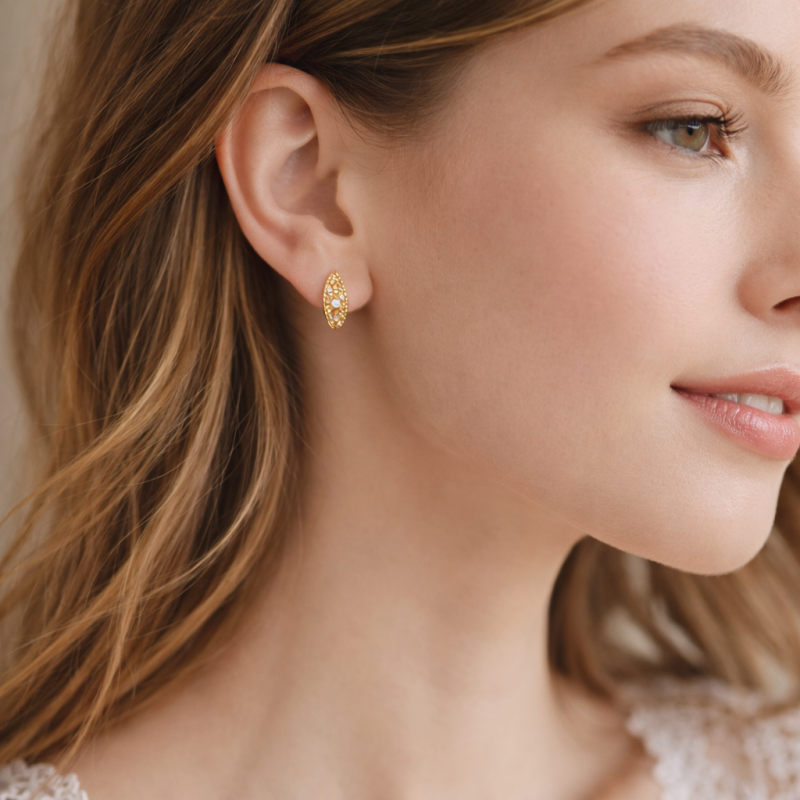 14K Gold Round Cut Moissanite Feather Hoop Earrings-2