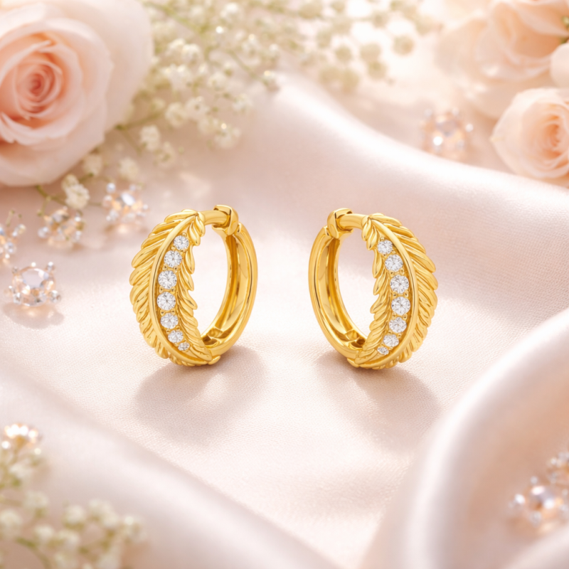 14K Gold Round Cut Moissanite Feather Hoop Earrings-3