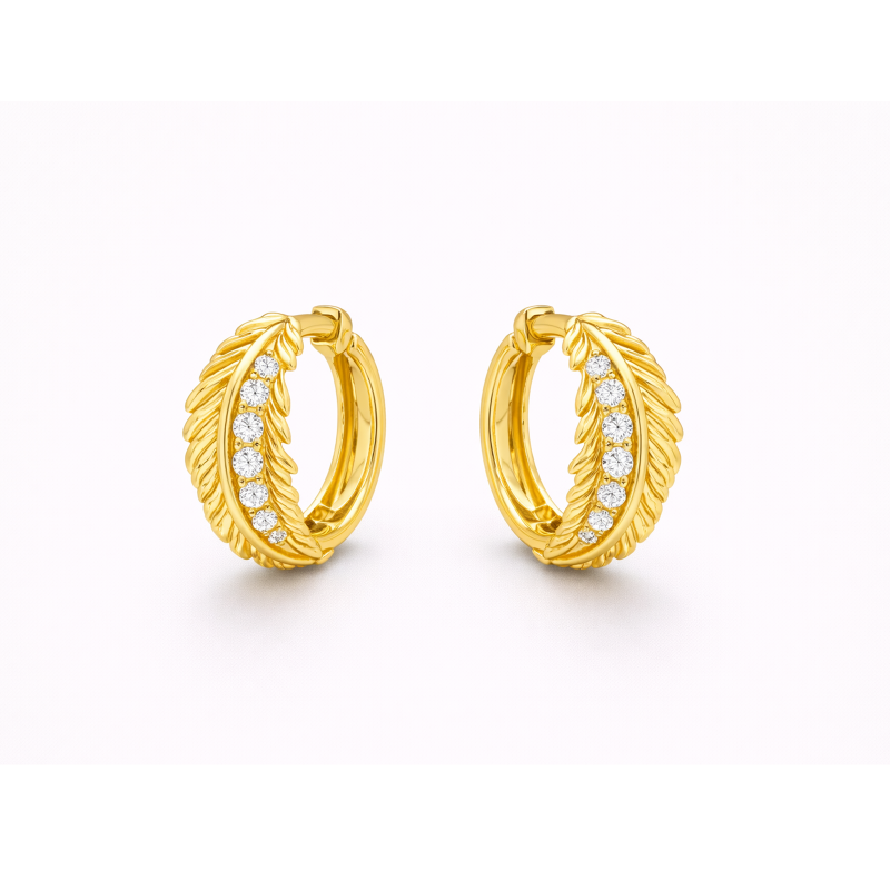 14K Gold Round Cut Moissanite Feather Hoop Earrings-1