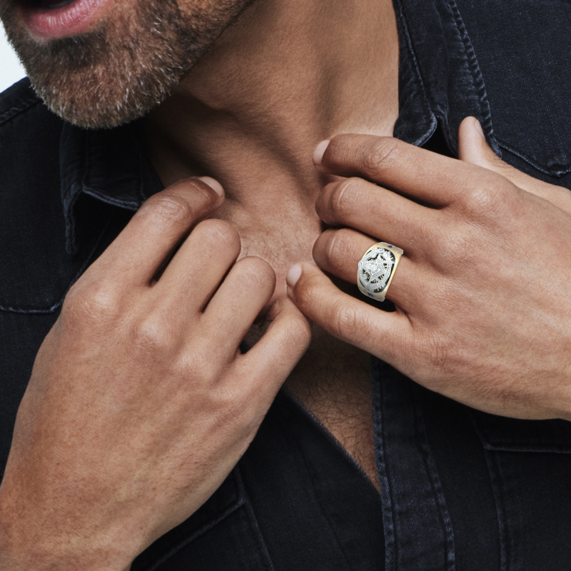 Sterling Silver with Yellow Gold Plated Round Cut Moissanite Freemason Signet Ring for Men-2
