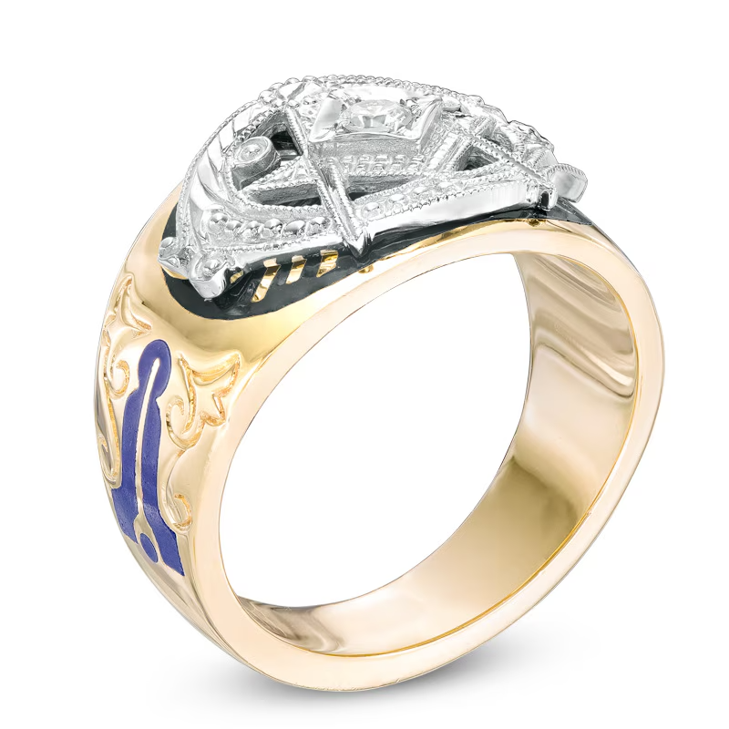 Sterling Silver with Yellow Gold Plated Round Cut Moissanite Freemason Signet Ring for Men-3