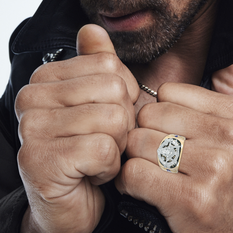 Sterling Silver with Yellow Gold Plated Round Cut Moissanite Freemason Signet Ring for Men-5