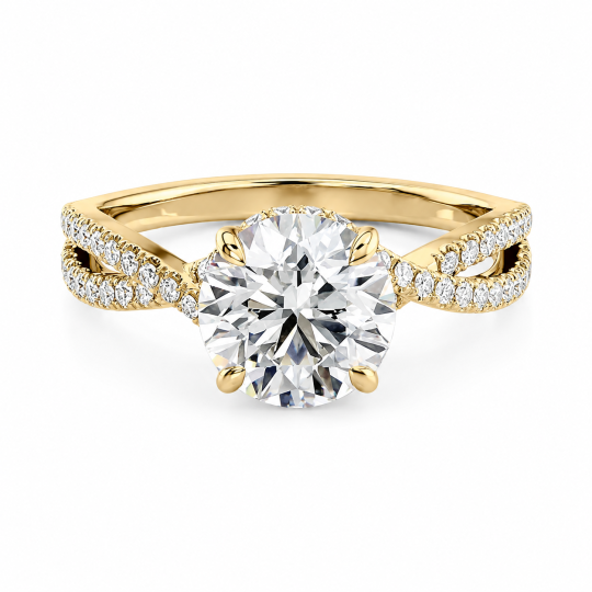 Anello di fidanzamento in argento sterling placcato oro giallo con moissanite taglio rotondo e alone nascosto.