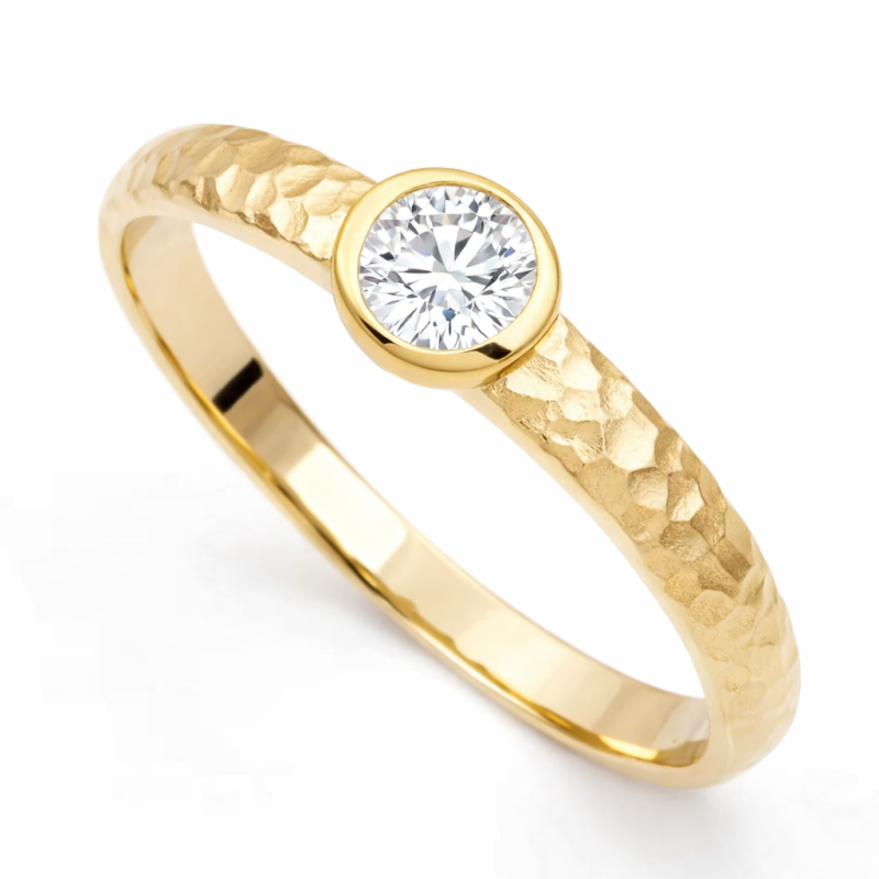 18K Gold Round Cut Moissanite Irregular Hammer Marks Engagement Ring-3