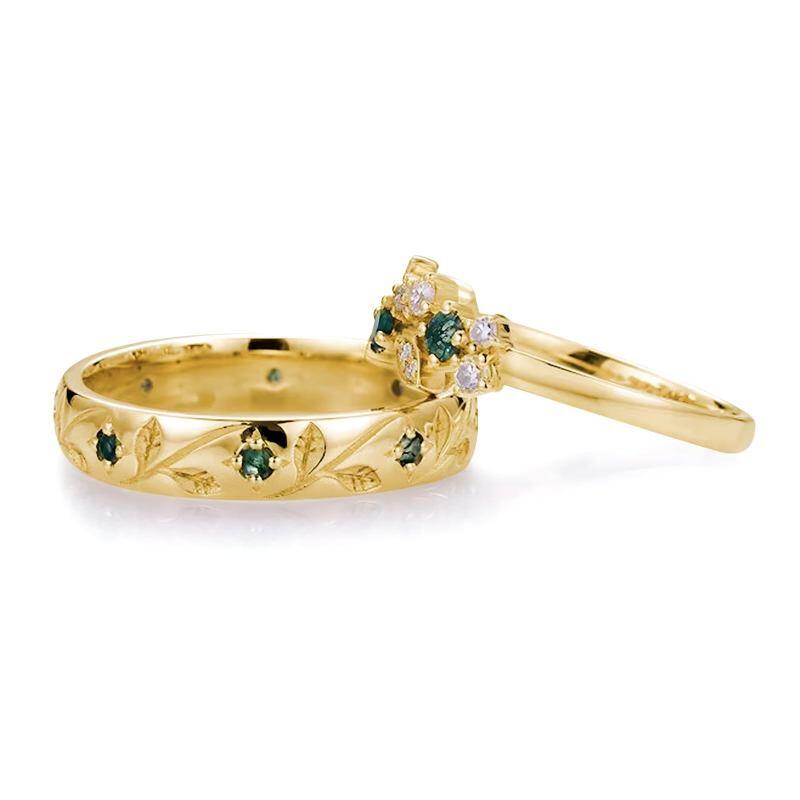 10K Gold Round Cut Moissanite & Moss Agate Couple Rings-3