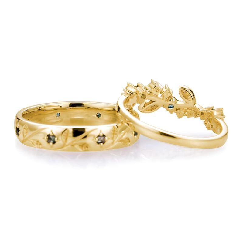 10K Gold Round Cut Moissanite & Moss Agate Couple Rings-4