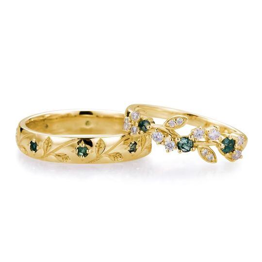 10K Gold Round Cut Moissanite & Moss Agate Couple Rings