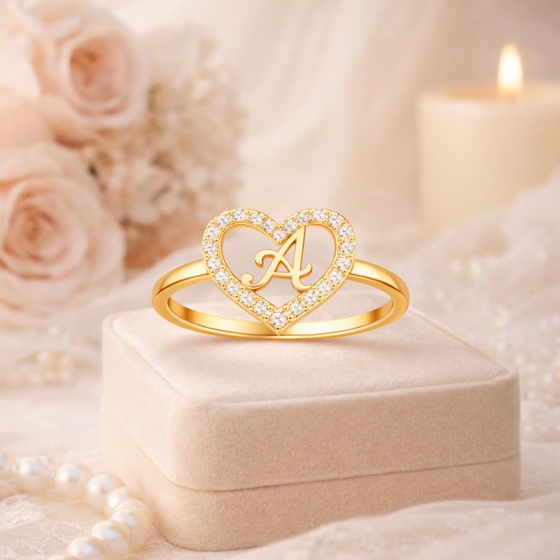 10K Gold Round Cut Moissanite Personalized Initial Letter & Heart Initial Ring-3