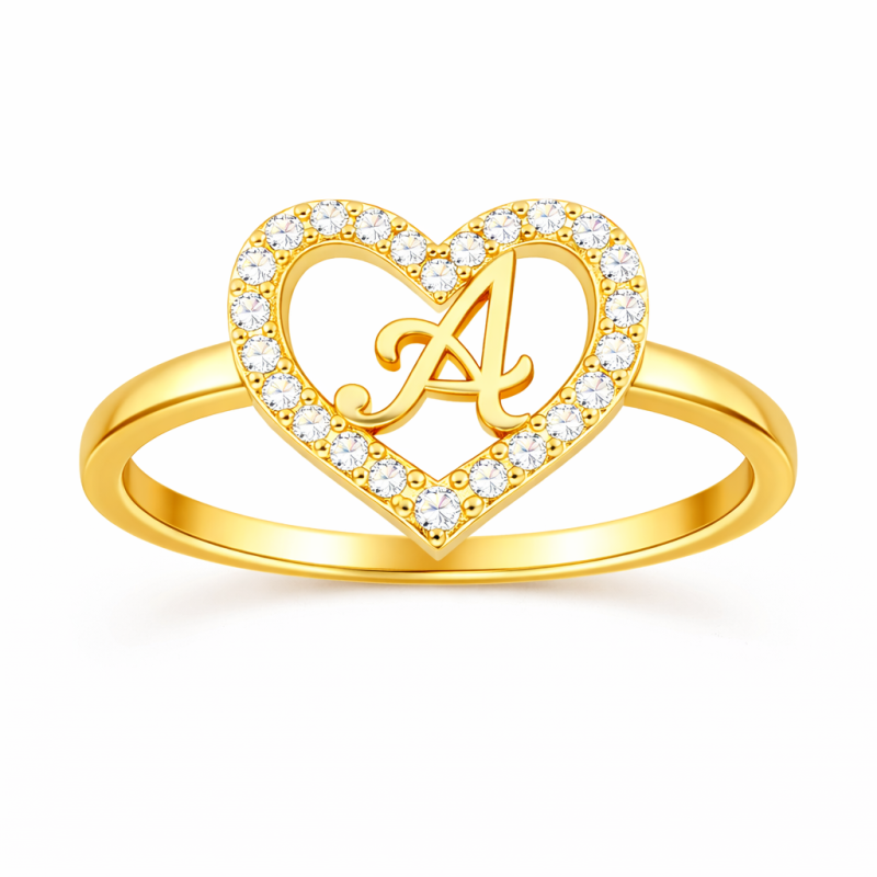 10K Gold Round Cut Moissanite Personalized Initial Letter & Heart Initial Ring-2
