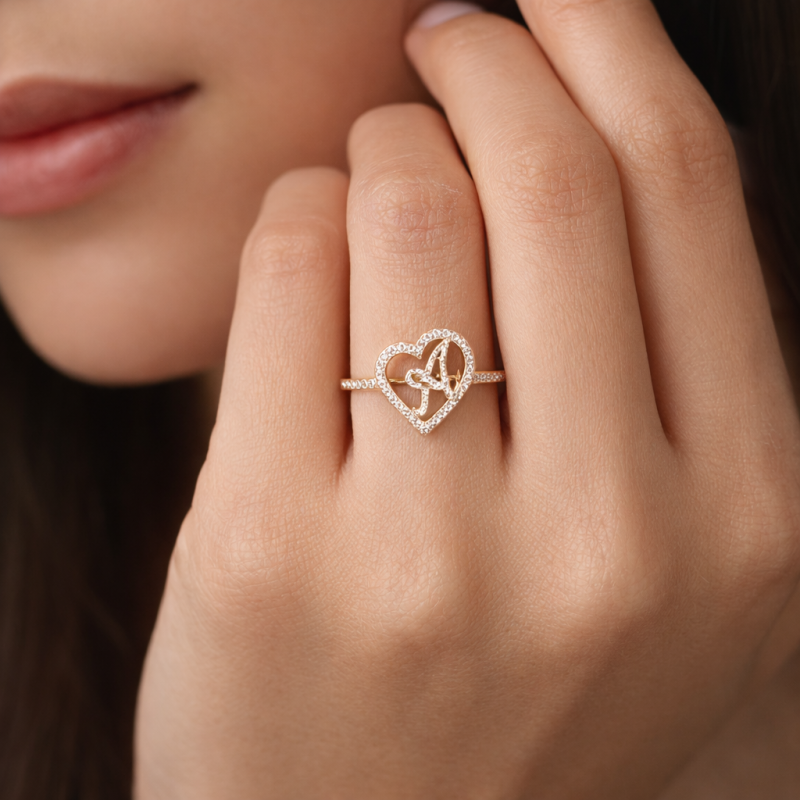 18K Gold Round Cut Moissanite Personalized Initial Letter & Heart Initial Ring-2
