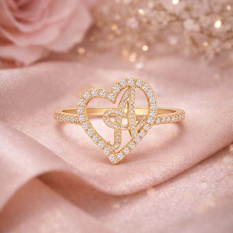 18K Gold Round Cut Moissanite Personalized Initial Letter & Heart Initial Ring-3