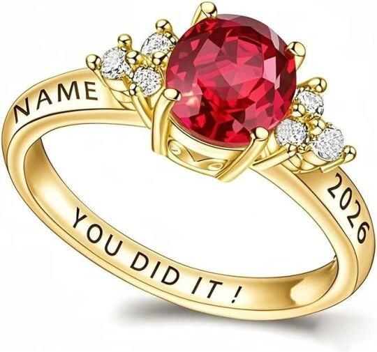 Bague de classe en or 10K à taille ronde, personnalisable avec une pierre de naissance et gravable