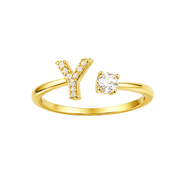 18-karätiger Goldring mit rundem Prinzessschliff und personalisiertem Anfangsbuchstaben-1