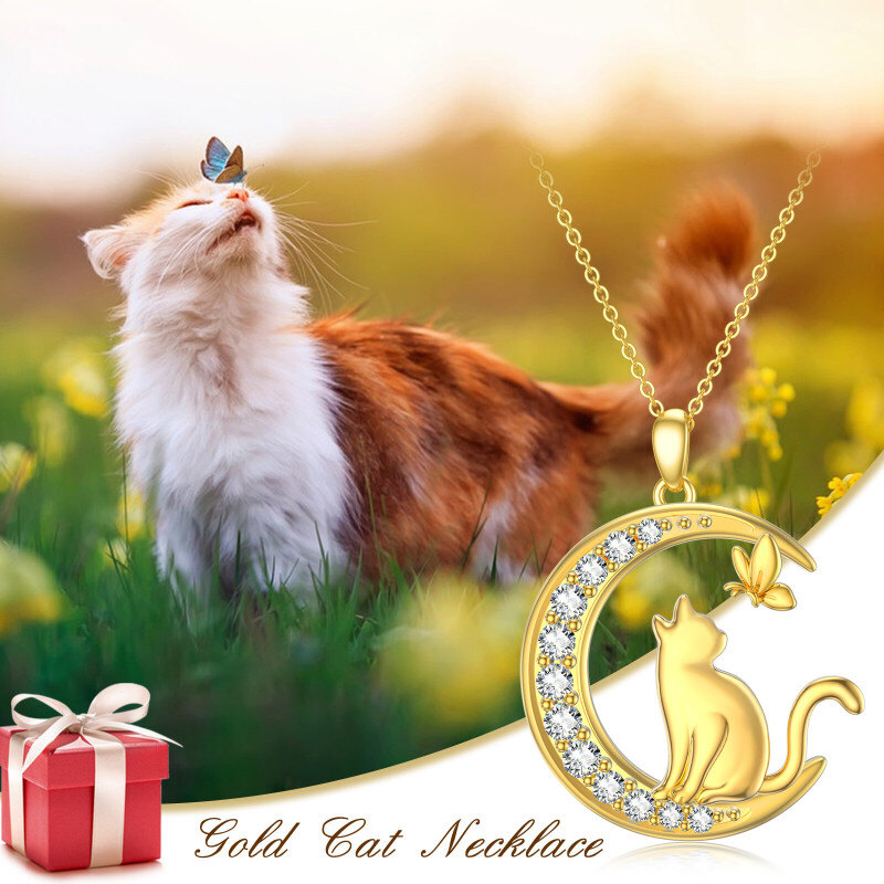 10K Gold Runde Moissanit Schmetterling mit Katze mit Mond Anhänger Halskette für Frauen-3