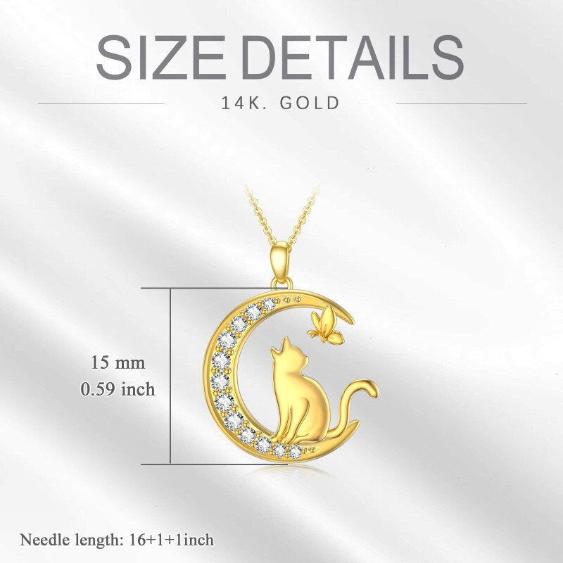 10K Gold Runde Moissanit Schmetterling mit Katze mit Mond Anhänger Halskette für Frauen-6