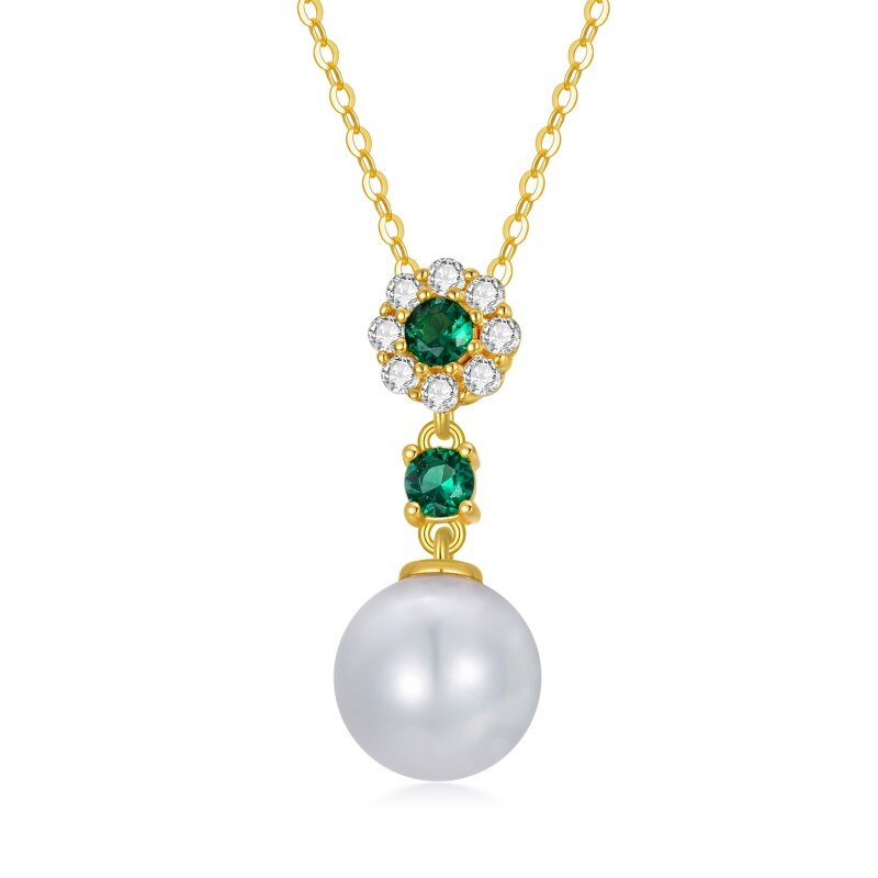 10K Gold Round Pearl & Emerald Round Pendant Necklace For Women-1