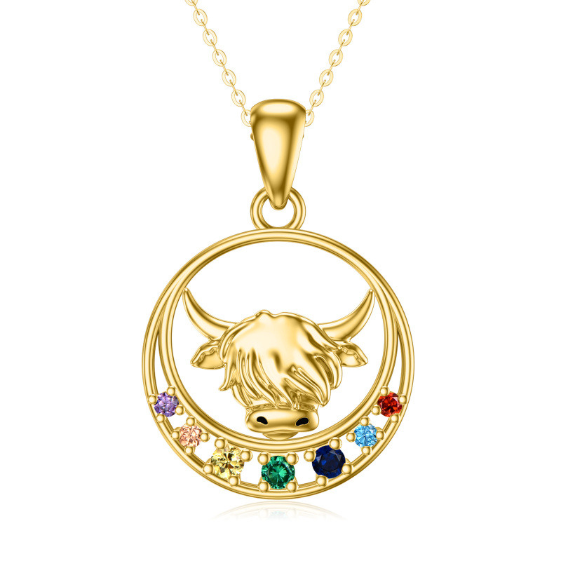 Collar con colgante redondo de vaca de las Tierras Altas y chakras en oro de 10 quilates con circonita para mujer-1