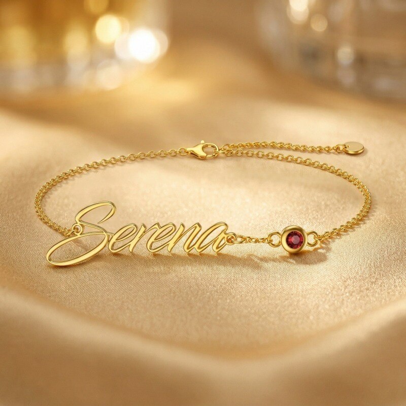 Personalisiertes Armband aus 14-karätigem Gold mit rundem Zirkonia, Geburtsstein und klassischem Namensanhänger für Damen-3