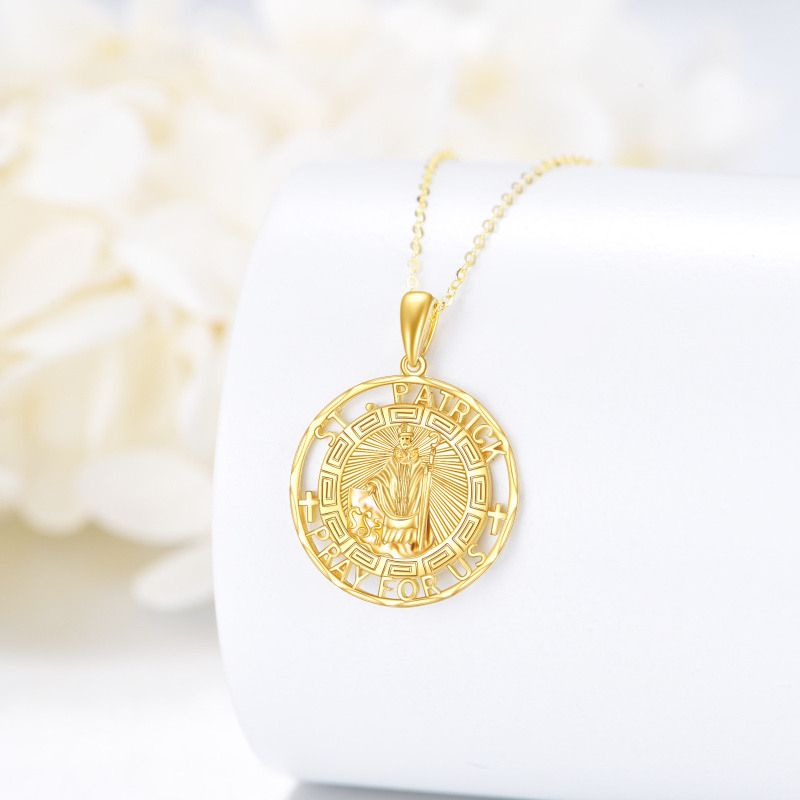 14K Gold Saint Patrick Pendant Necklace with Engraved Word for Men-3