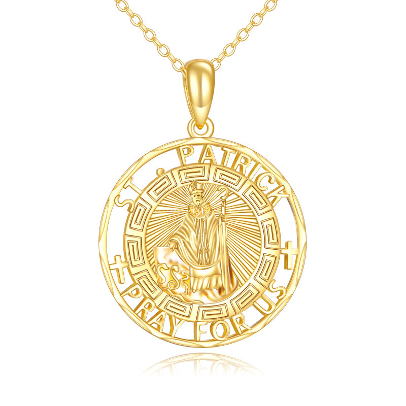 14K Gold Saint Patrick Pendant Necklace with Engraved Word for Men-1