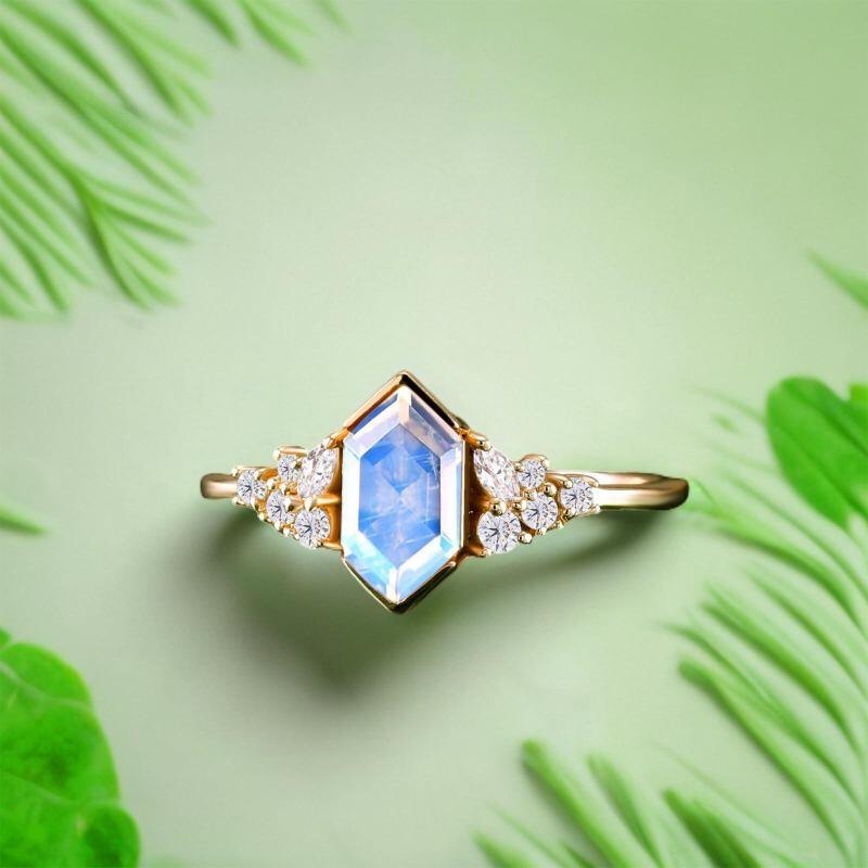 18K Gold Shield Cut Moissanite & Moonstone Engagement Ring-4