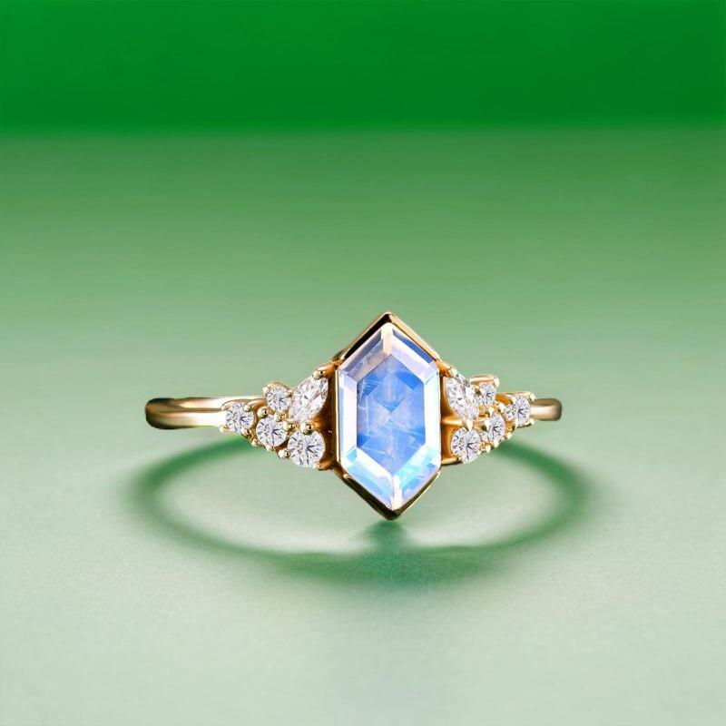 18K Gold Shield Cut Moissanite & Moonstone Engagement Ring-5