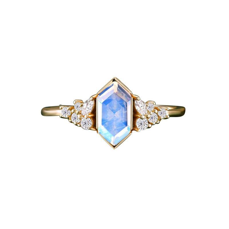 Anello di fidanzamento in oro 10K con taglio a scudo, moissanite e pietra di luna-16