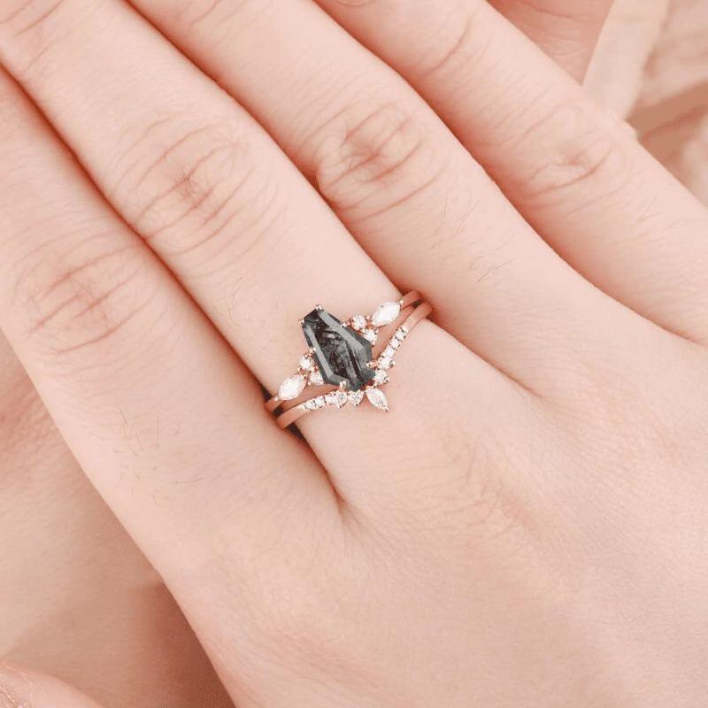 14K Gold Shield Cut Moissanite & Moss Agate Bridal Set-2
